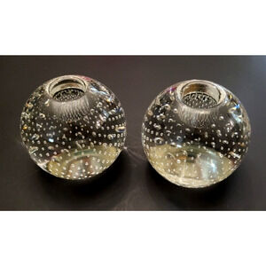 Two Hand Blown Art Glass Candle Holders Controlled Bubbles Bullicante Clear 3"